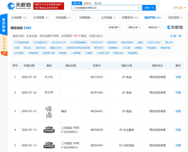 三只松鼠申請“莫吉托”相關(guān)商標(biāo)